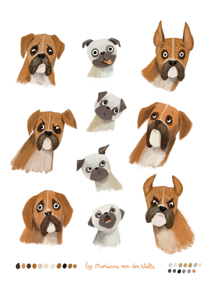 Childrensbook character design dogs for Make Art That Sells course ©MariannevanderWalle